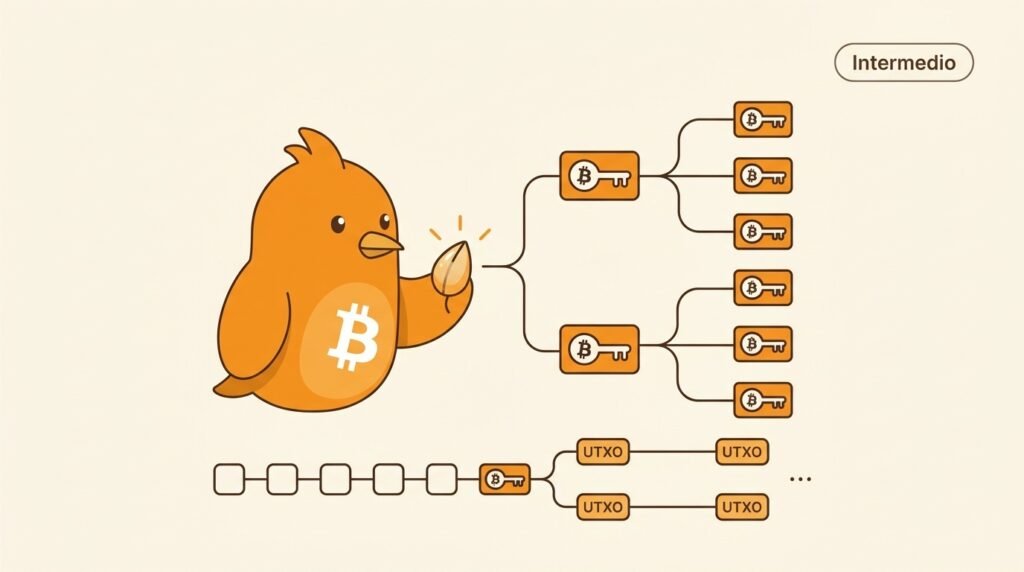 Pajarito explica cómo una semilla genera una jerarquía de claves y direcciones de Bitcoin mientras los UTXO permanecen registrados en la cadena.