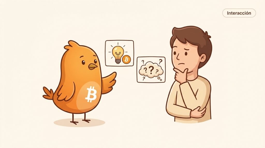 Ilustración vectorial cálida de Pajarito acompañando a una persona que reflexiona ante un cuaderno, con una bombilla y una nube de dudas junto a un símbolo Bitcoin naranja.