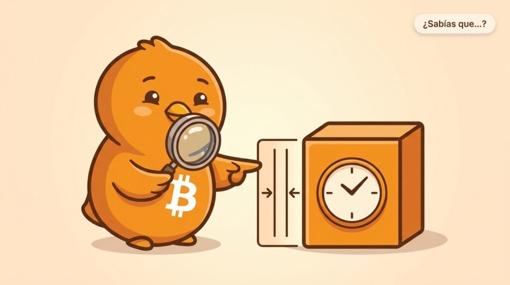 Pajarito observa un bloque de Bitcoin junto a un reloj con límites marcados, representando que la marca de tiempo del bloque es aproximada y está sujeta a reglas.