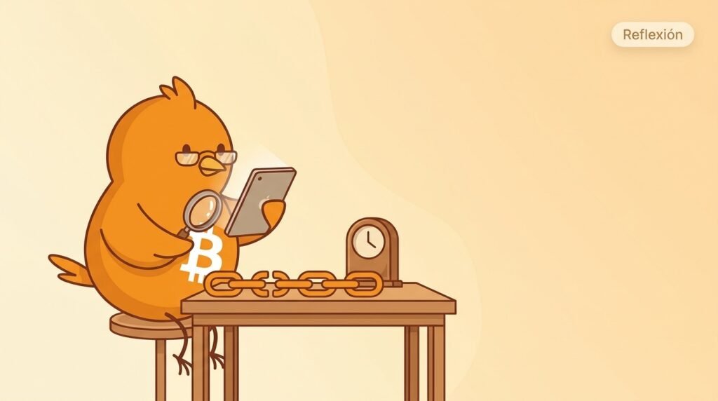 Pajarito comprueba con una lupa una cadena de bloques enlazados junto a un reloj impreciso, mostrando que Bitcoin ordena y verifica su historia sin depender de un reloj central.