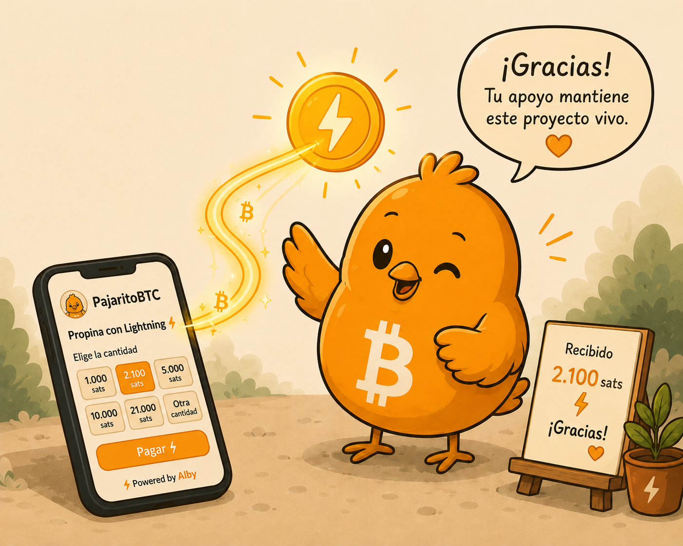 Pajarito recibiendo una donación en sats