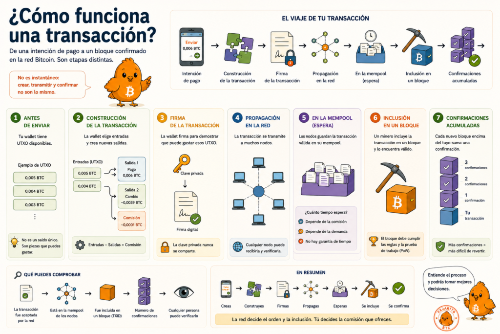 Ilustración de Pajarito sobre cómo funciona una transacción de Bitcoin, de la firma a la confirmación.