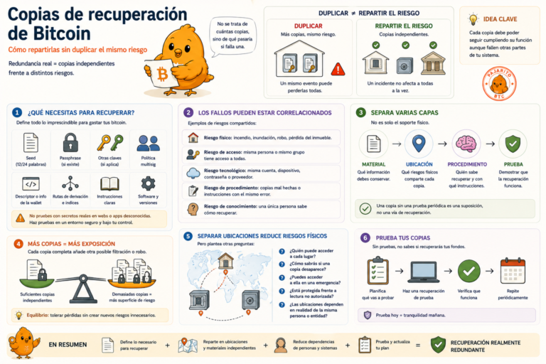 Pajarito explica cómo separar copias de recuperación de Bitcoin y comprobar que funcionan.