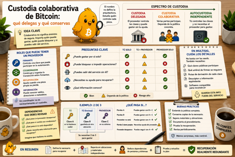 Custodia colaborativa de Bitcoin: qué delegas y qué conservas