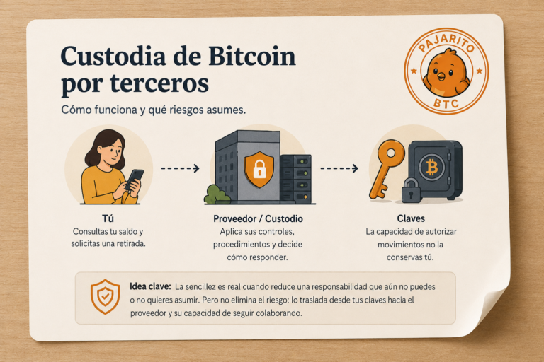 Pajarito explica qué control se delega y qué riesgos aparecen al confiar la custodia de Bitcoin a un tercero.