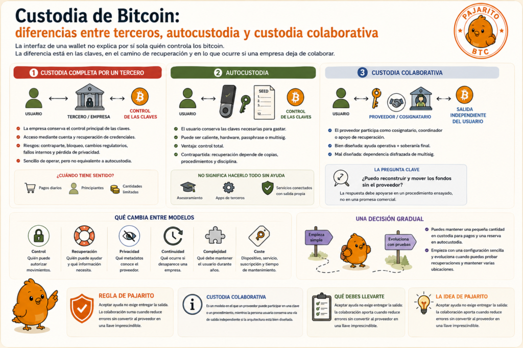 Ilustración de Pajarito sobre los tipos de custodia de Bitcoin: terceros, autocustodia y custodia colaborativa