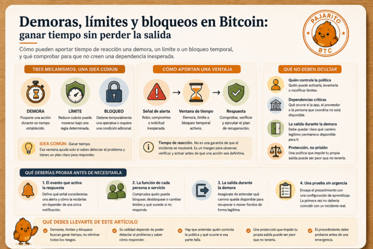 Demoras, límites y bloqueos en Bitcoin: ganar tiempo sin perder la salida