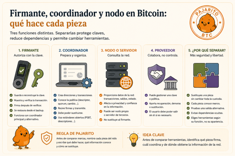 Firmante, coordinador y nodo en Bitcoin: qué hace cada pieza