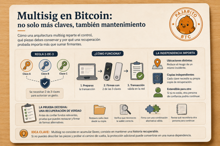 Esquema de multisig Bitcoin 2 de 3: claves independientes, firma, ubicaciones y pruebas de recuperación.