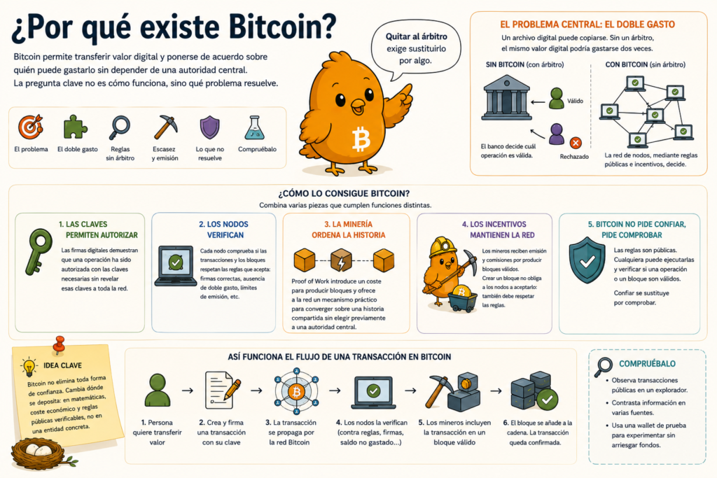 Ilustración de Pajarito sobre por qué existe Bitcoin y qué problema del dinero digital intenta resolver.