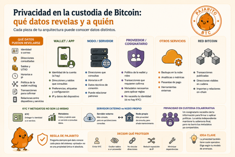 Infografía sobre los datos que pueden conocer una wallet, un nodo, un proveedor y la red Bitcoin.