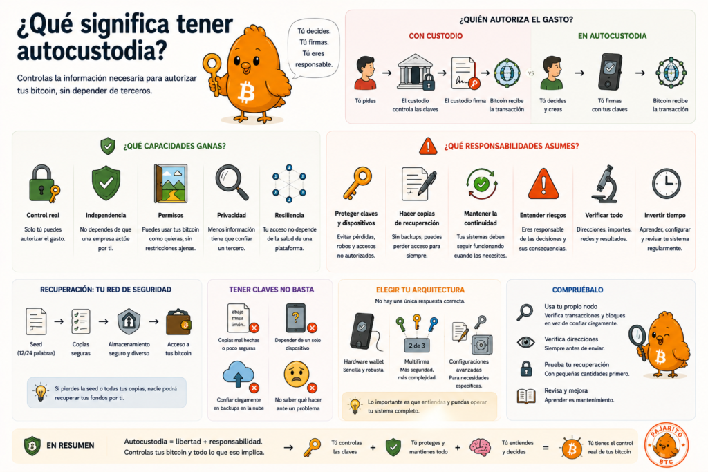 Ilustración de Pajarito sobre qué significa tener autocustodia de Bitcoin y controlar tus propias claves.