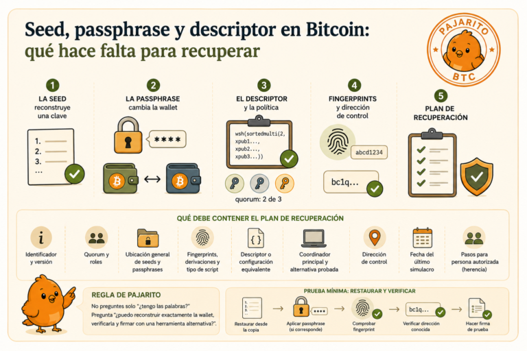 Seed, passphrase y descriptor en Bitcoin: qué hace falta para recuperar
