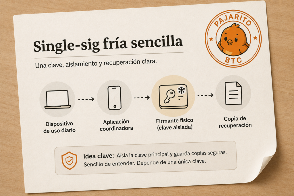 Diagrama de una custodia Bitcoin single-sig fría con firmante aislado, coordinador y copia de recuperación.