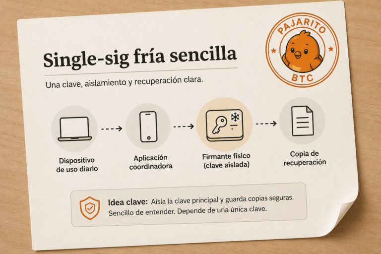 Diagrama de una custodia Bitcoin single-sig fría con firmante aislado, coordinador y copia de recuperación.
