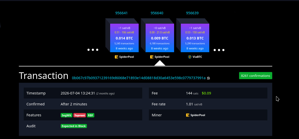 Bloque y confirmaciones de la transacción en mempool.space