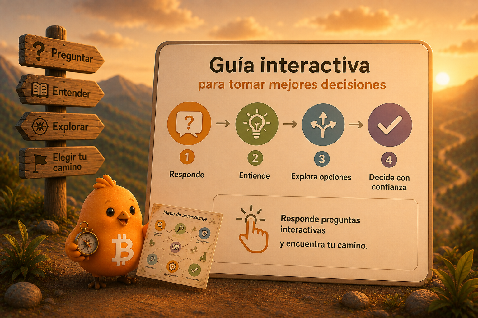 Pajarito presentando las guías interactivas
