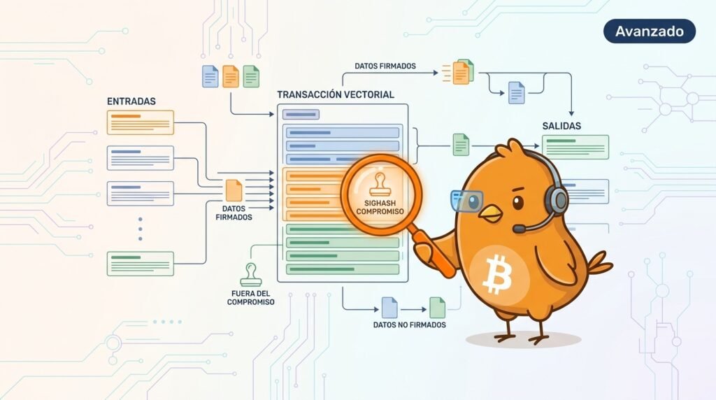 Ilustración vectorial de Pajarito explicando cómo SIGHASH determina qué entradas y salidas quedan comprometidas por una firma de Bitcoin.