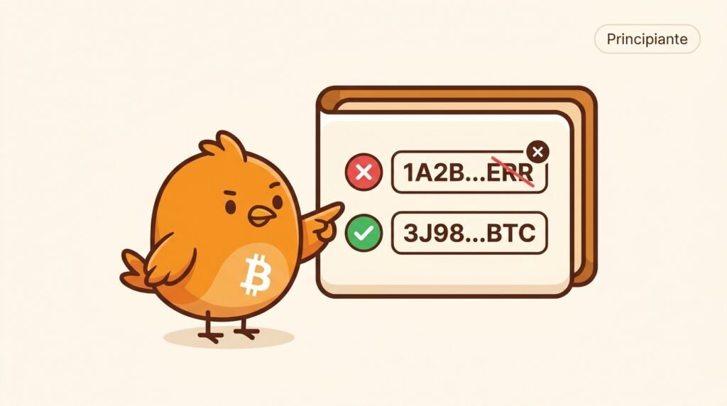 Pajarito ayuda a revisar una dirección de Bitcoin en una wallet; una errata es marcada como inválida y la explicación visual muestra que el formato puede comprobarse antes de enviar.