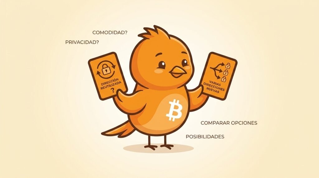 Pajarito compara reutilizar una dirección de Bitcoin con usar direcciones nuevas para equilibrar comodidad y privacidad.