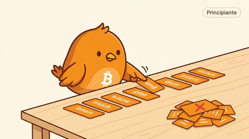 Pajarito ordena cuidadosamente las palabras de una semilla para mostrar que su posición exacta forma el secreto criptográfico.