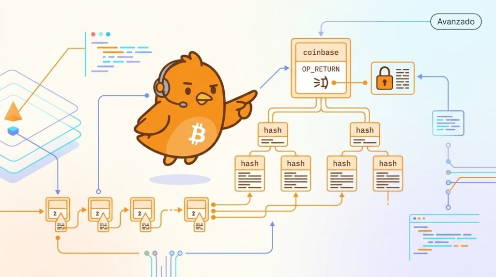 Pajarito conecta un árbol de wtxid con una salida OP_RETURN de la coinbase para mostrar cómo SegWit compromete los datos witness dentro del bloque.