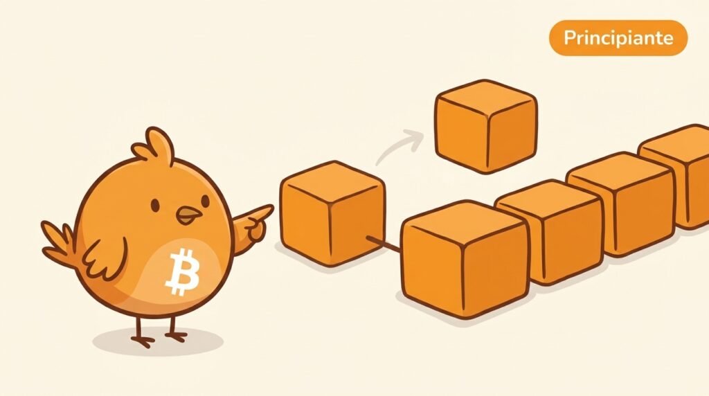 Ilustración vectorial de Pajarito comparando dos ramas de bloques de Bitcoin encontradas casi al mismo tiempo; la cadena con más trabajo continúa y la otra queda fuera del historial principal.