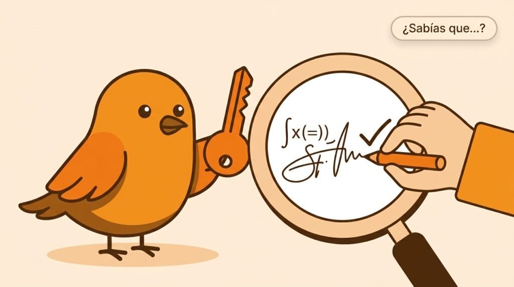 Pajarito protege una llave secreta mientras otra persona verifica una firma digital de Bitcoin con una lupa.