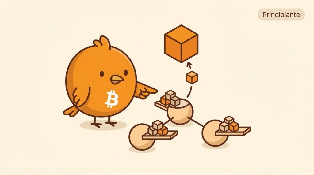 Pajarito compara tres nodos de Bitcoin con mempools distintas mientras una transacción entra en un bloque.