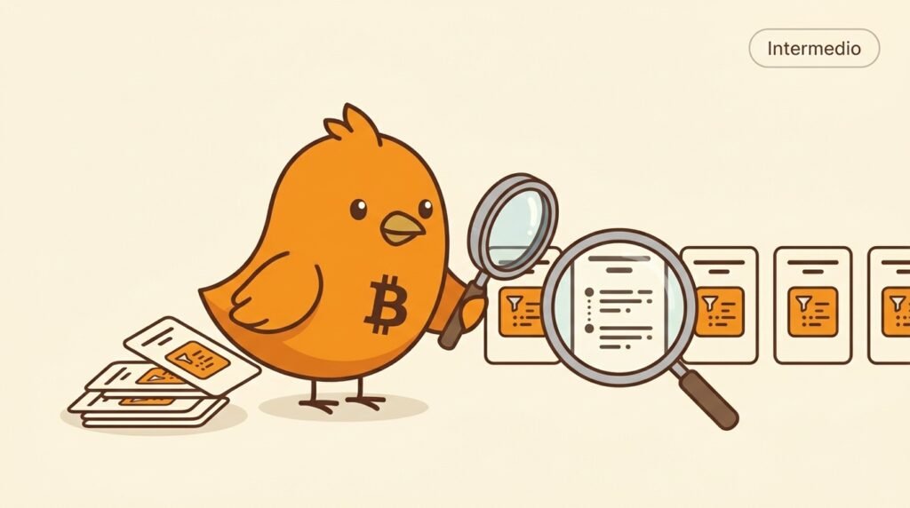 Pajarito usa una lupa para revisar filtros compactos asociados a bloques de Bitcoin y selecciona solo los bloques que podrían contener transacciones relevantes.