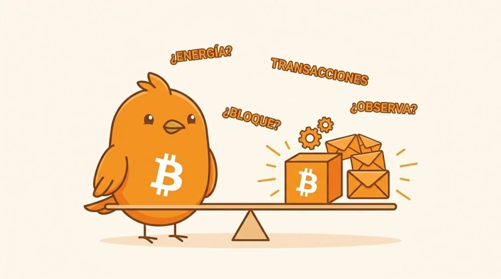 Pajarito compara un bloque de Bitcoin y varias transacciones en una balanza para explicar que la electricidad de la minería asegura bloques y no se asigna como una cantidad fija a cada pago.