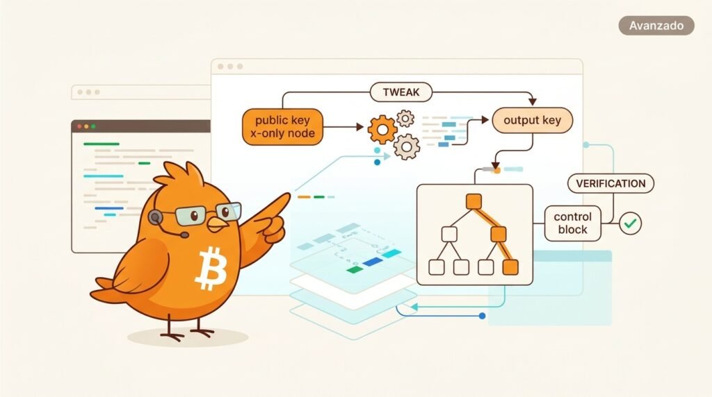 Ilustración vectorial de Pajarito guiando la verificación de una salida Taproot: una clave x-only se ajusta a una output key y un nodo reconstruye una rama de Merkle mediante un control block.