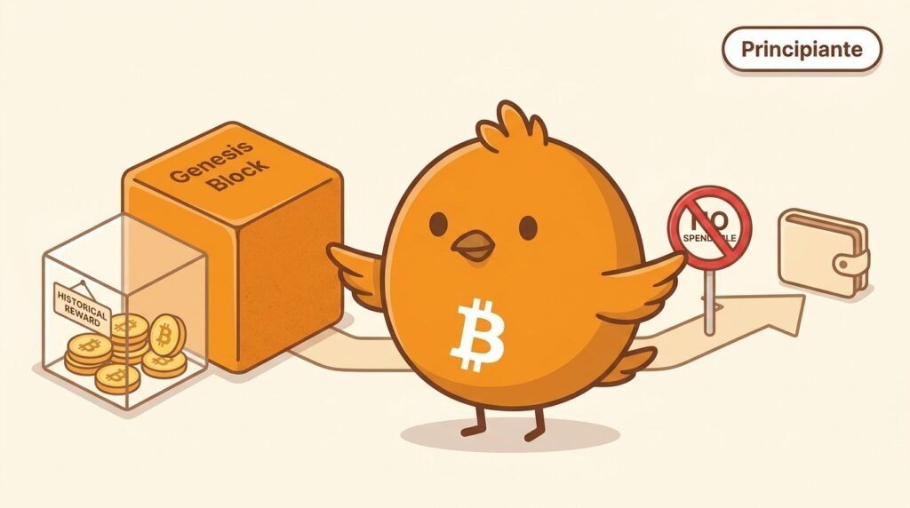 Ilustración vectorial de Pajarito señalando el bloque génesis de Bitcoin y su recompensa histórica, que aparece separada de una cartera porque no puede gastarse.