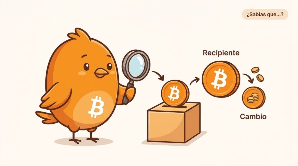 Ilustración vectorial de Pajarito mostrando cómo una salida completa de Bitcoin se consume y se convierte en nuevas salidas, incluida una de cambio.