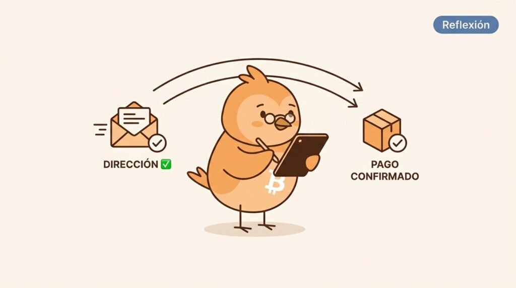 Ilustración vectorial de Pajarito distinguiendo entre comprobar el formato de una dirección de Bitcoin y confirmar un pago dentro de un bloque.