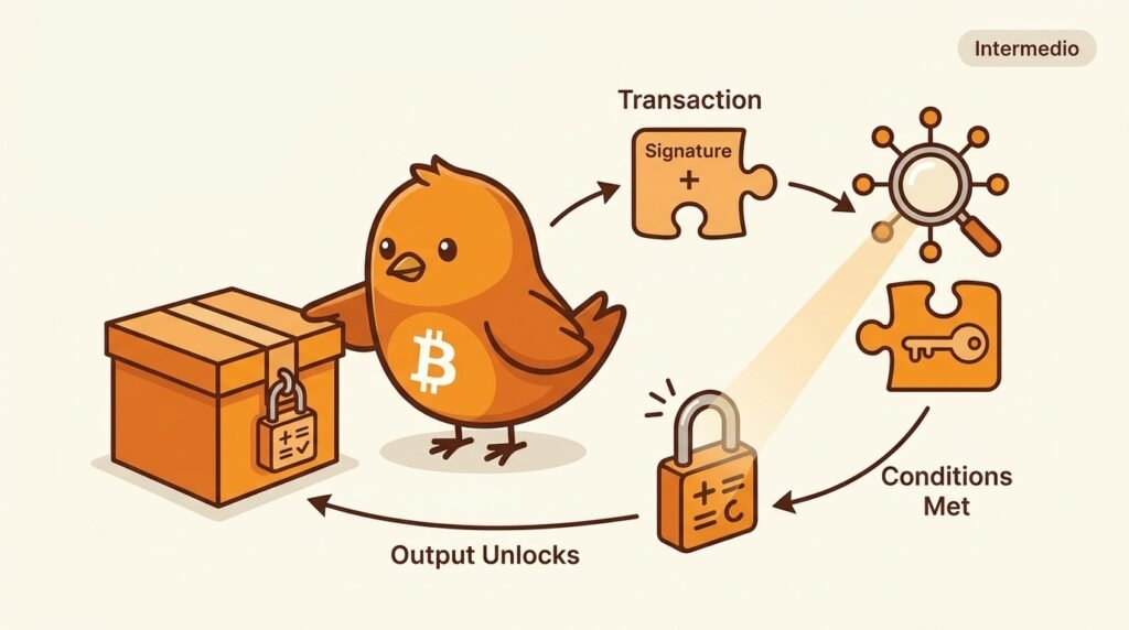Pajarito muestra cómo una salida de Bitcoin contiene condiciones de gasto y cómo una firma y una clave aportadas por la transacción deben encajar para que un nodo valide el gasto.