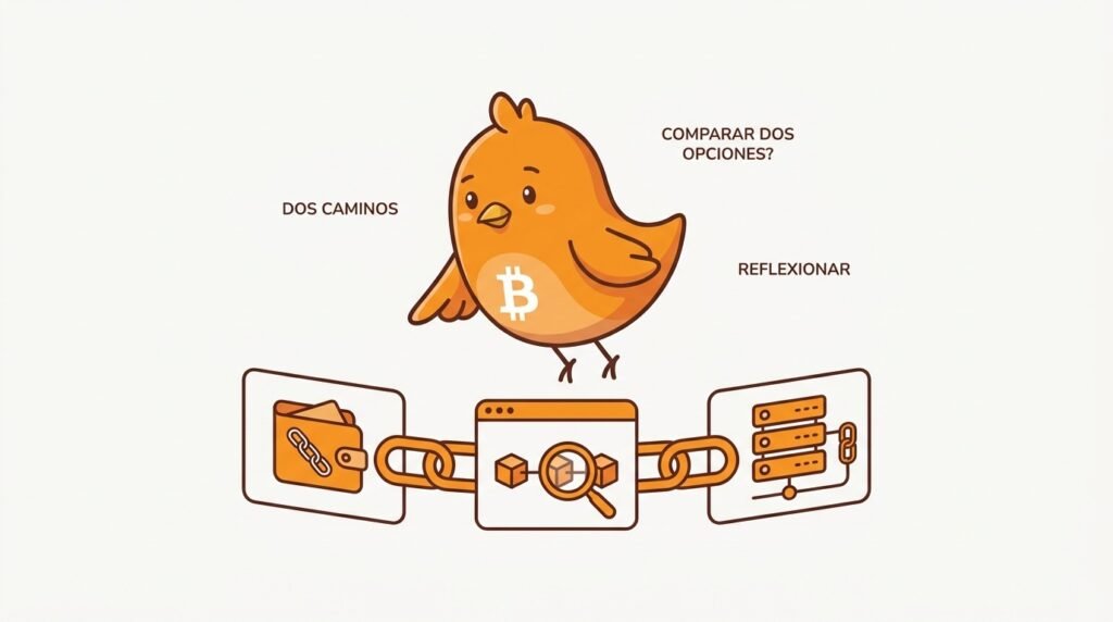Pajarito compara tres formas de mostrar el mismo historial de Bitcoin: una wallet, un explorador y un nodo.