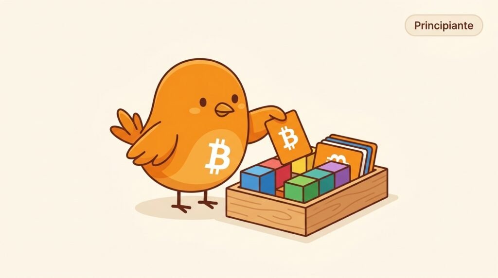 Ilustración vectorial de Pajarito colocando una carta con símbolo Bitcoin en un bloque, para explicar que la comisión paga por el espacio de la transacción.