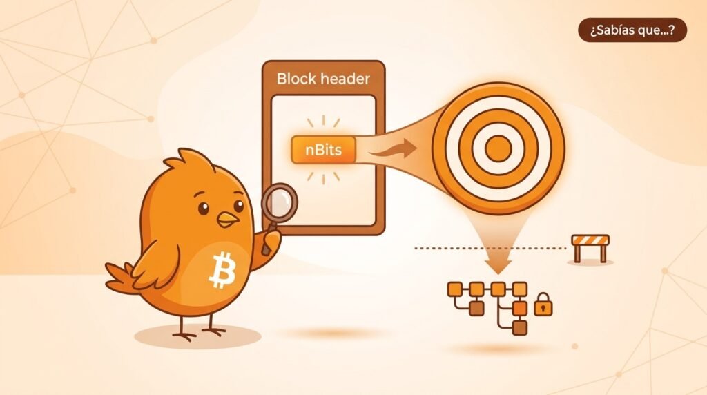 Ilustración vectorial de Pajarito mostrando cómo el campo compacto nBits de un bloque de Bitcoin se expande en un objetivo que el hash debe alcanzar.