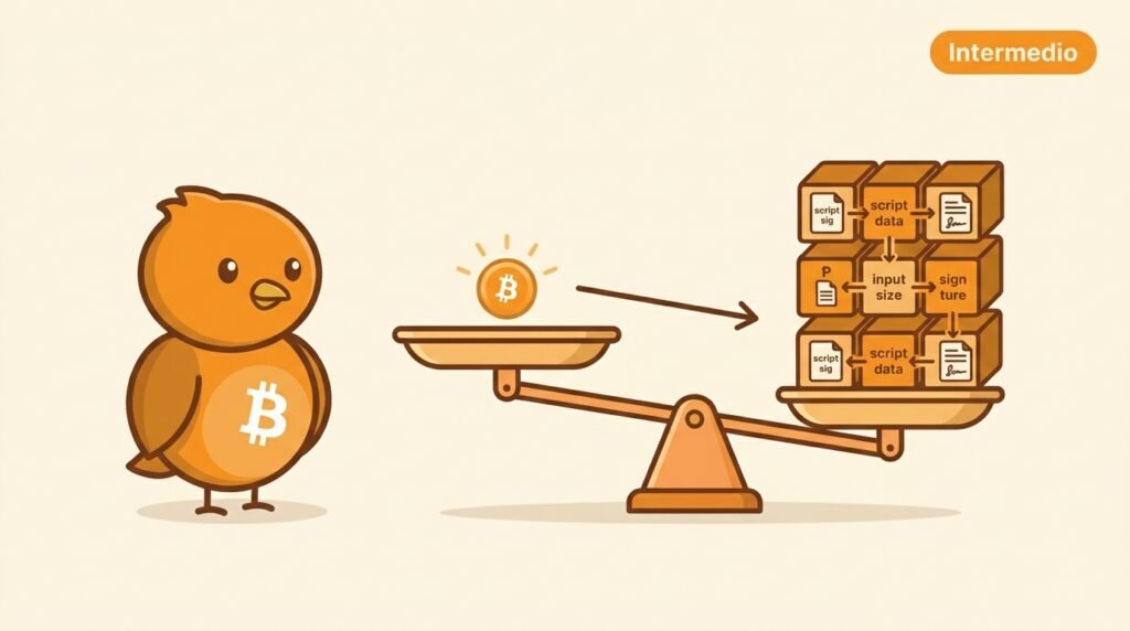 Pajarito explica con una balanza que una salida pequeña de Bitcoin puede ser válida, pero que el coste de gastarla puede resultar desproporcionado.