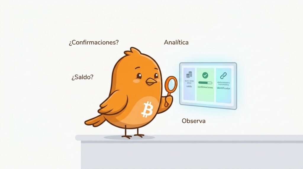 Pajarito compara en una pantalla tres datos de Bitcoin: saldo, confirmaciones e identificador de transacción.