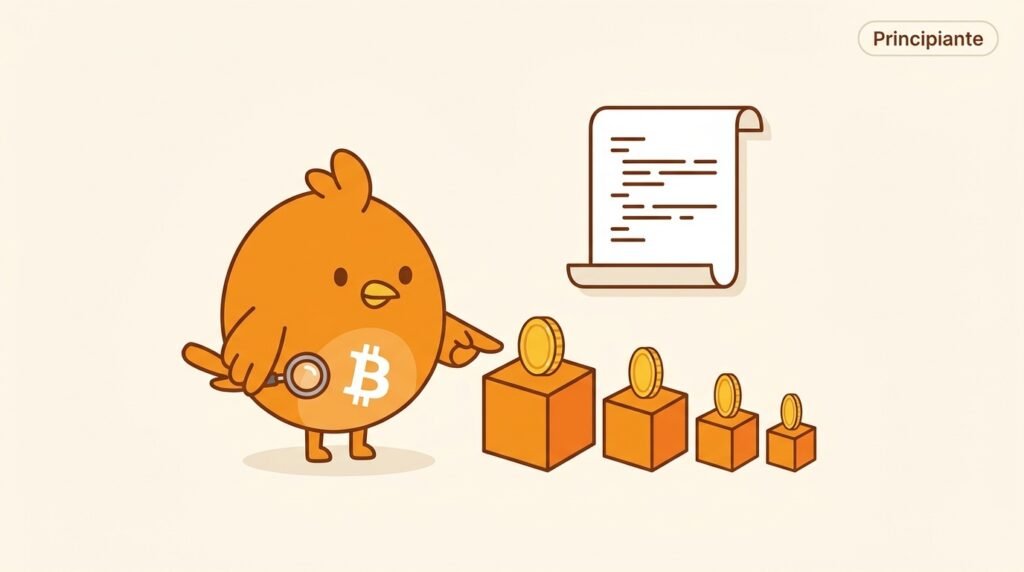 Pajarito observa una secuencia de bloques de Bitcoin con recompensas cada vez menores, junto a una hoja que representa reglas públicas y verificables.
