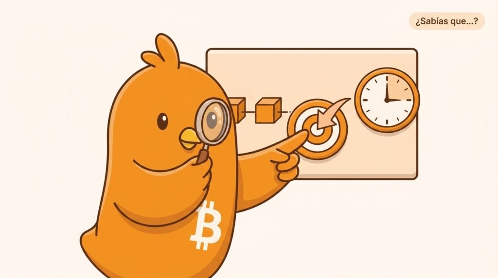 Pajarito señala una cadena de bloques y un reloj que representan el reajuste de la dificultad de Bitcoin cada 2016 bloques para conservar un ritmo estable.