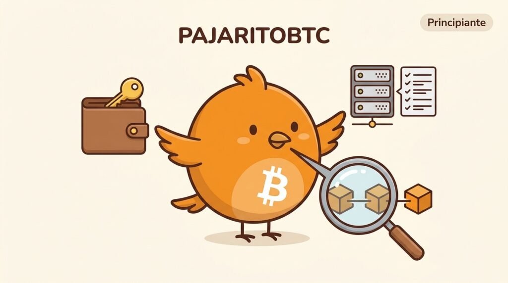 Ilustración vectorial de Pajarito mostrando que Bitcoin es un protocolo usado por una wallet, un nodo y un explorador, con bloques enlazados al fondo.