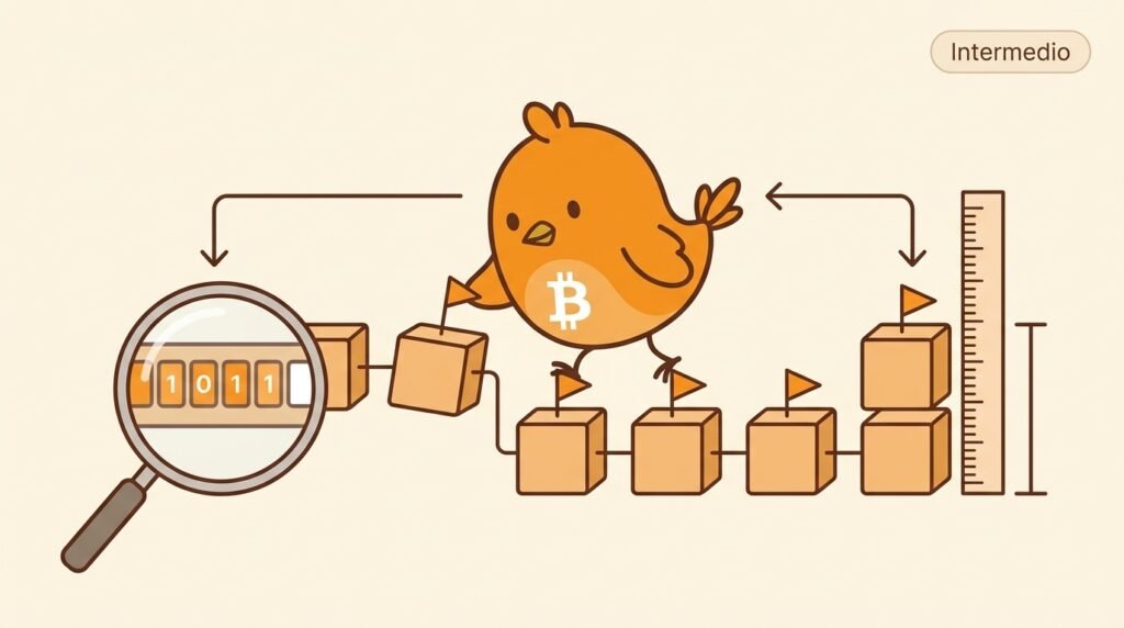 Pajarito coloca señales naranjas sobre una cadena de bloques mientras una lupa muestra bits de encabezados y una regla indica el umbral necesario para activar una actualización.