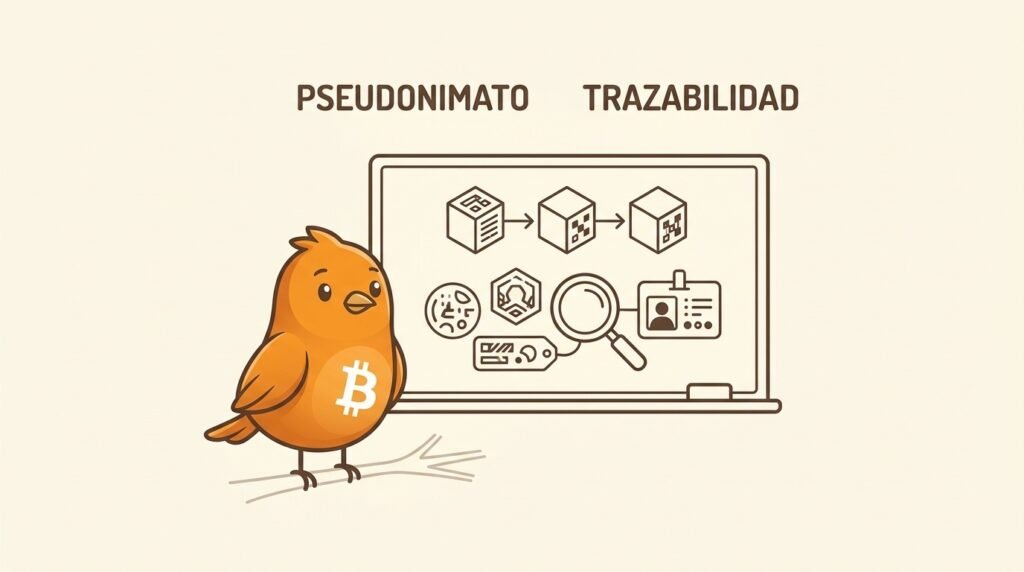 Pajarito observa una cadena pública de bloques y una lupa que relaciona una dirección seudónima con una identidad, ilustrando que Bitcoin no es anónimo por defecto.