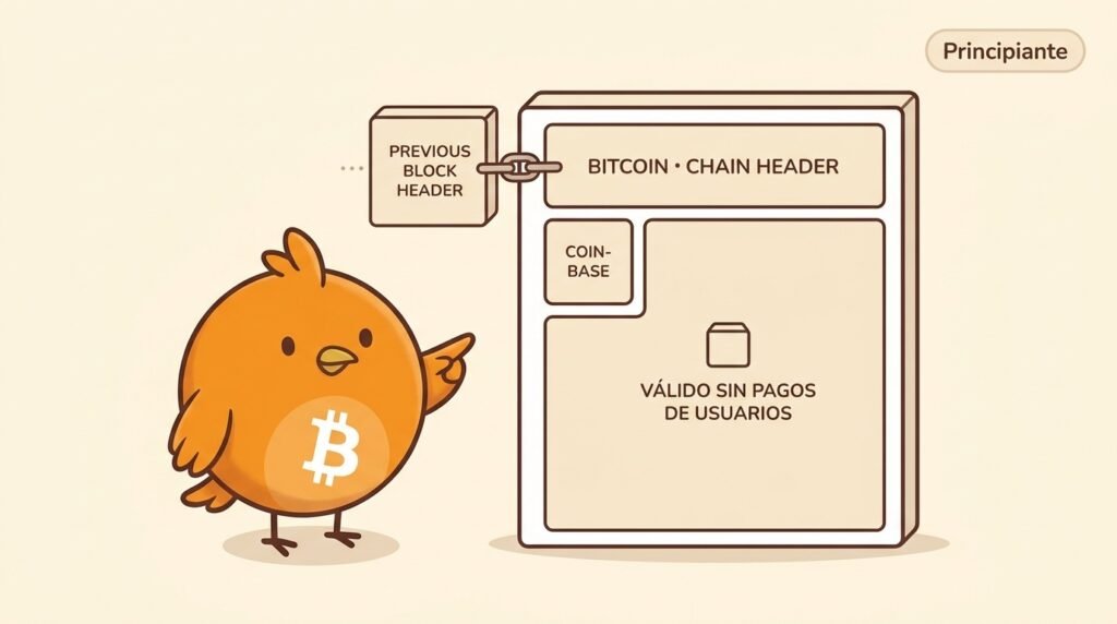 Ilustración vectorial cálida de Pajarito junto a un bloque de Bitcoin enlazado a otro, con una pequeña transacción coinbase y sin pagos de usuarios, mostrando que el bloque puede ser válido aunque no esté completamente vacío.