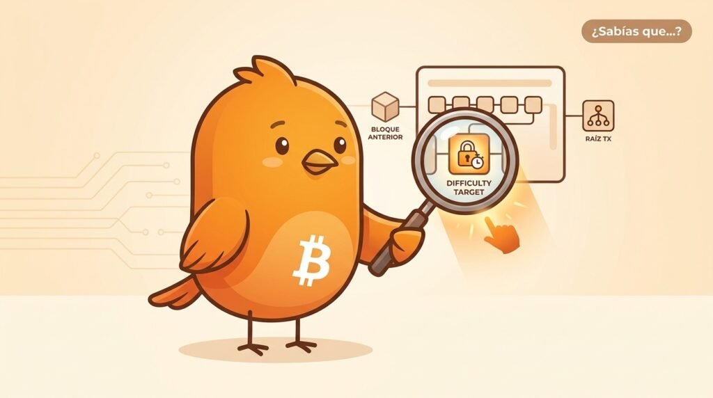 Pajarito examina con una lupa el encabezado compacto de un bloque de Bitcoin, conectado a un bloque anterior y a una raíz de transacciones.