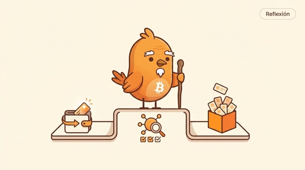 Pajarito muestra cómo una wallet prepara una transacción, un nodo verifica sus reglas y un bloque reúne transacciones dentro del proceso de Bitcoin.