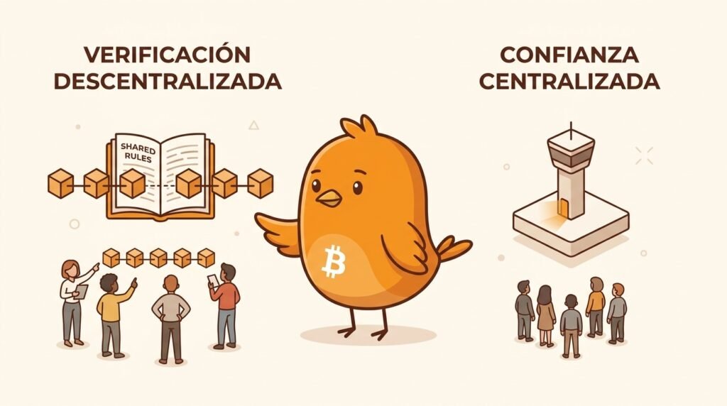 Pajarito señala un libro de reglas junto a una cadena de bloques mientras varias personas observan el mismo registro desde perspectivas distintas.